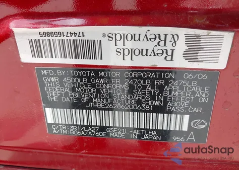 2006 Lexus Is 350 from USA, damaged, VIN JTHBE262862006381